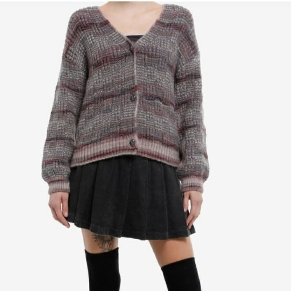 Cosmic Aura Chunky Knit Cardigan Small Grey & Purple Skull Buttons Soft Goth